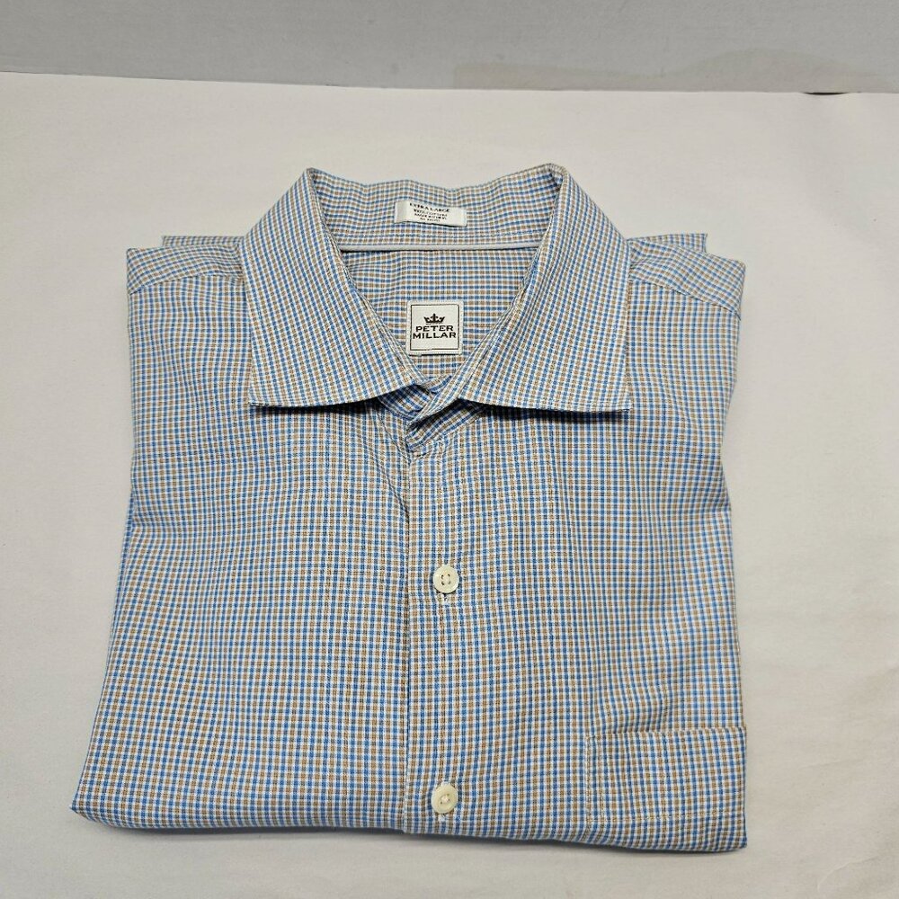 Peter Millar Men's Long Sleeve Button-Up Shirt With Blue & Tan Size XL
